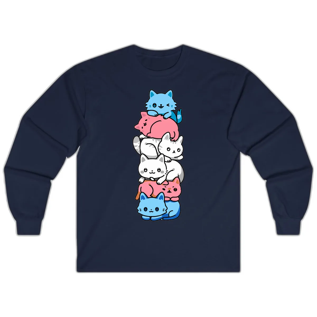 Stacked Kawaii Cats Rainbow Pride Long Sleeve in Navy