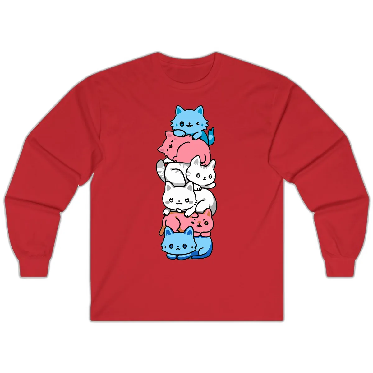 Stacked Kawaii Cats Rainbow Pride Long Sleeve in Red