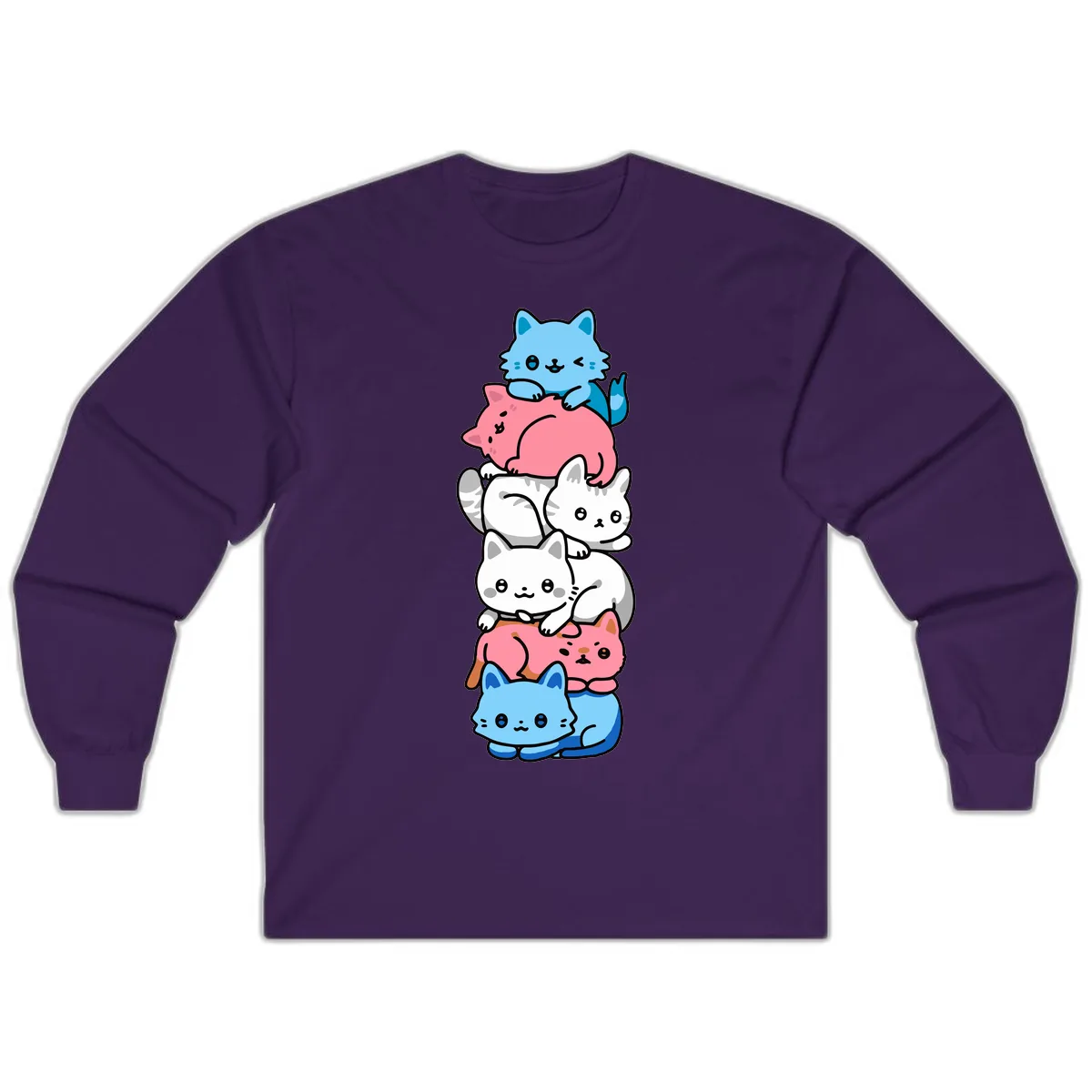 Stacked Kawaii Cats Rainbow Pride Long Sleeve in Purple
