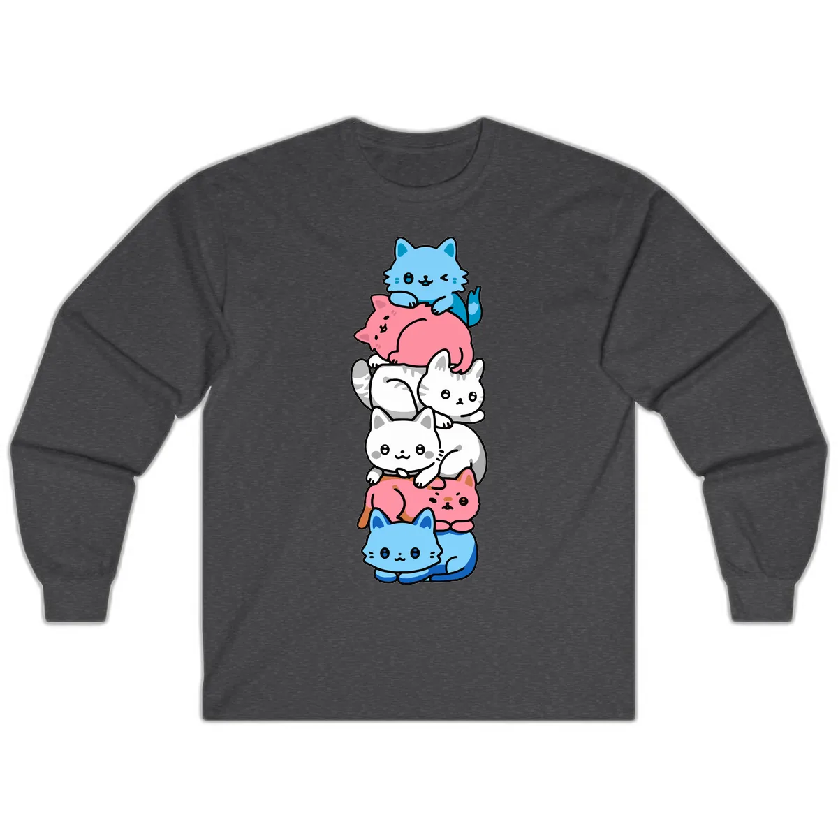 Stacked Kawaii Cats Rainbow Pride Long Sleeve in Dark Heather