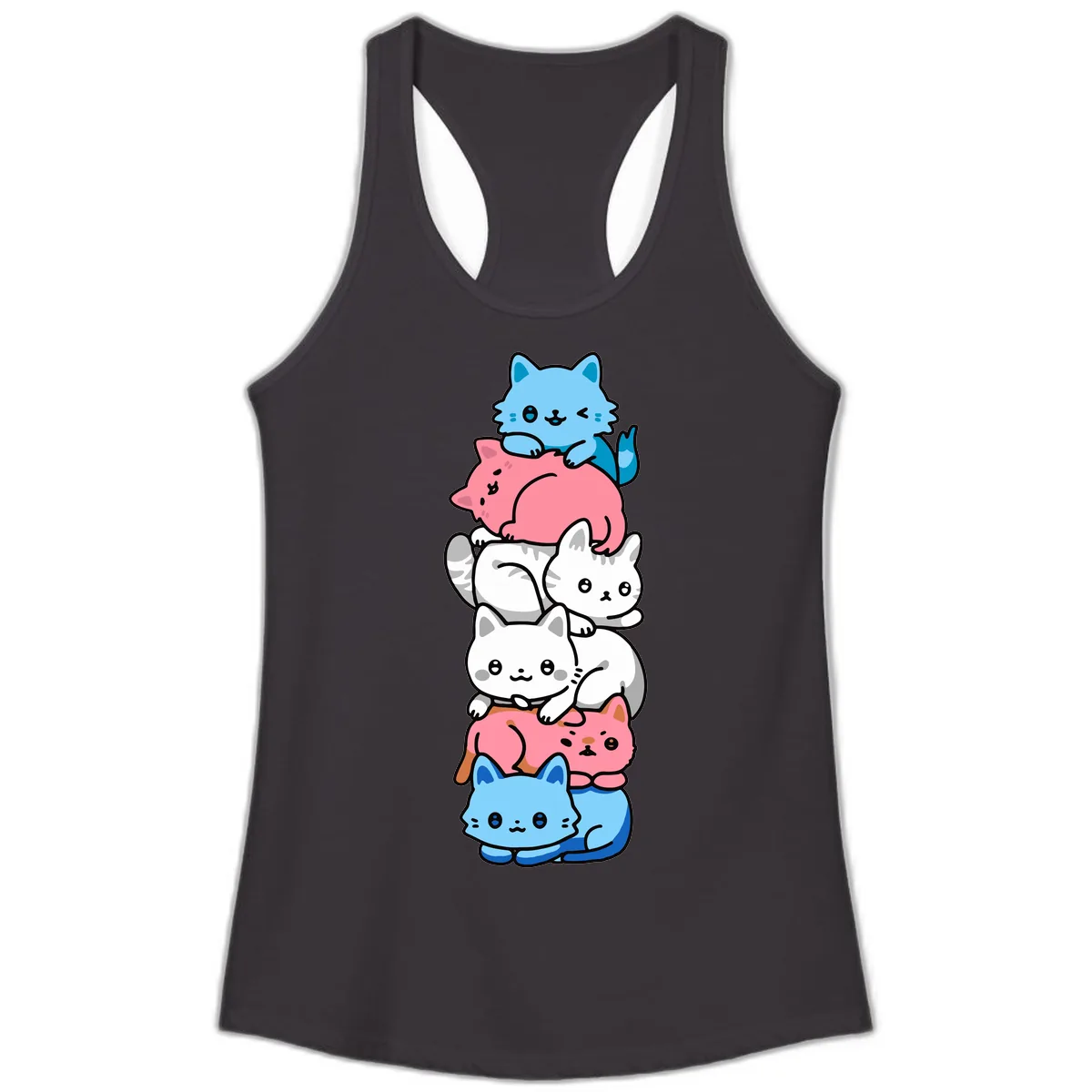 Stacked Kawaii Cats Rainbow Pride Ladies Tank in Black
