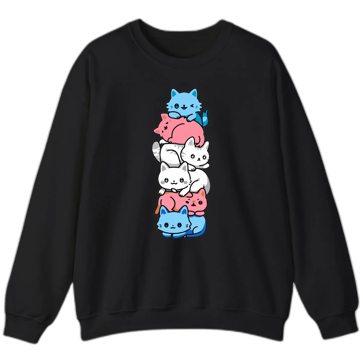 Stacked Kawaii Cats Rainbow Pride Sweatshirt in Black