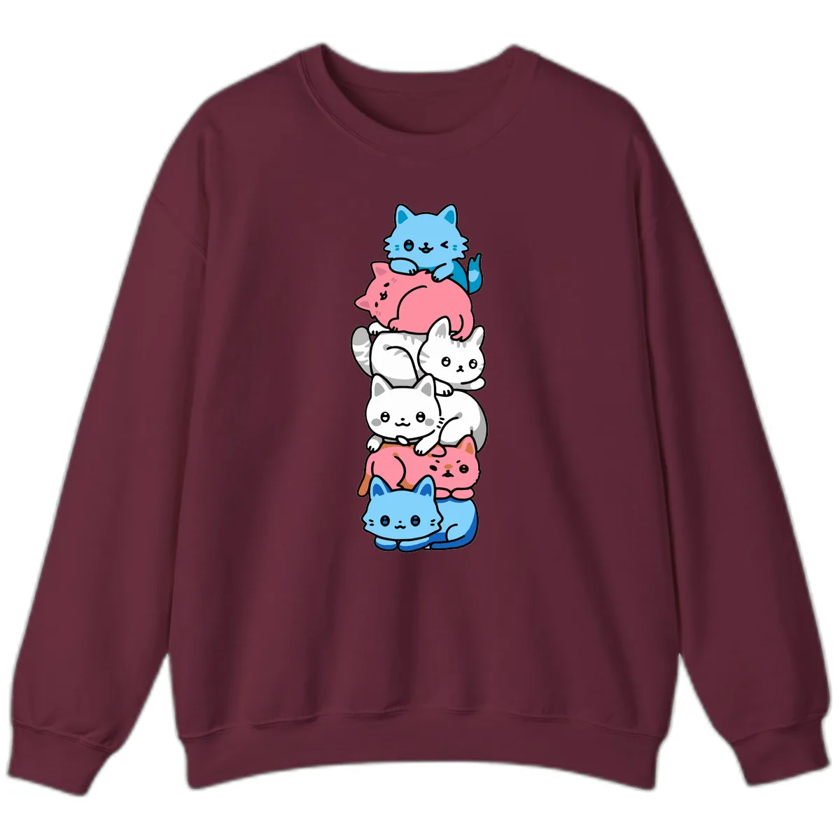 Stacked Kawaii Cats Rainbow Pride Sweatshirt in Maroon