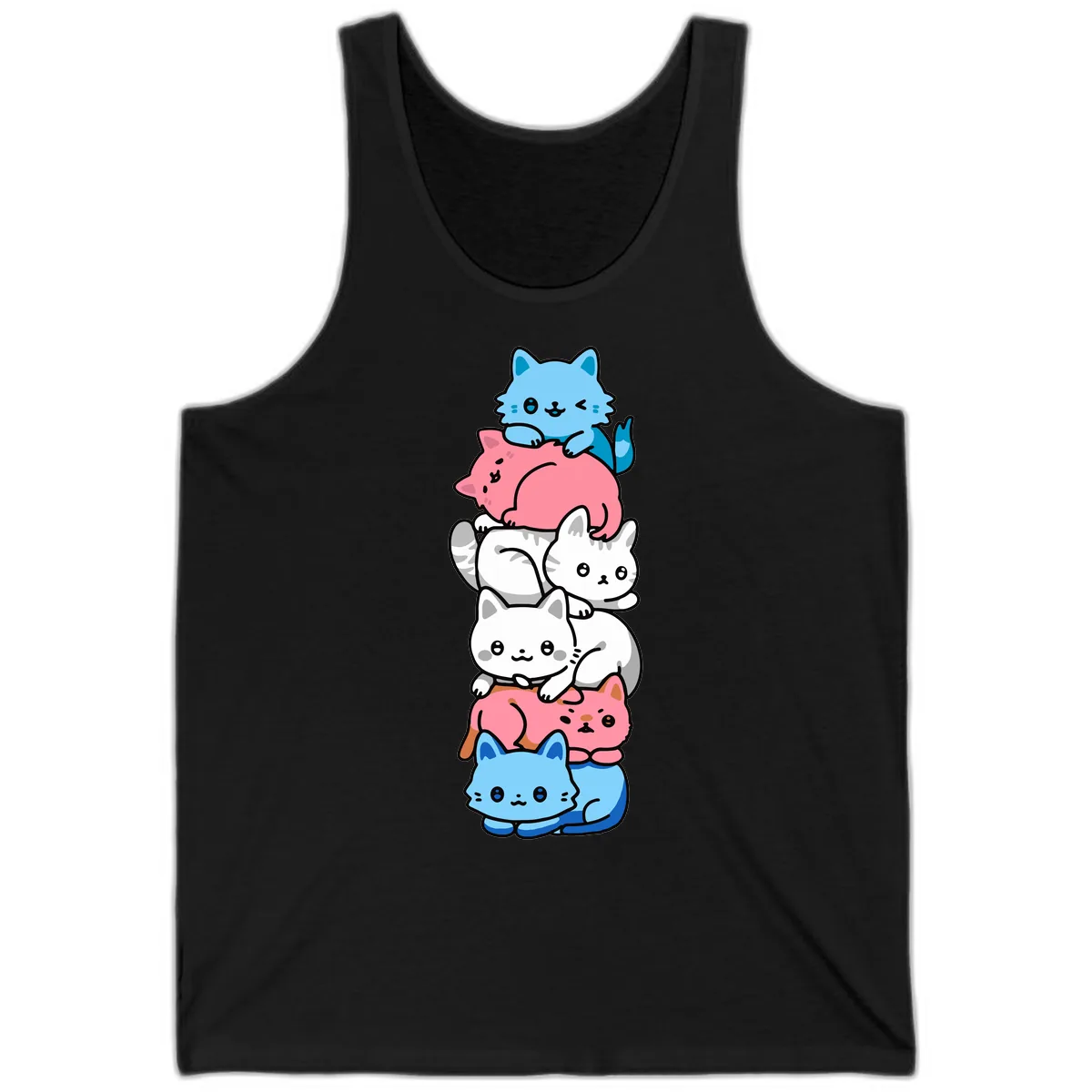 Stacked Kawaii Cats Rainbow Pride Tank in Black