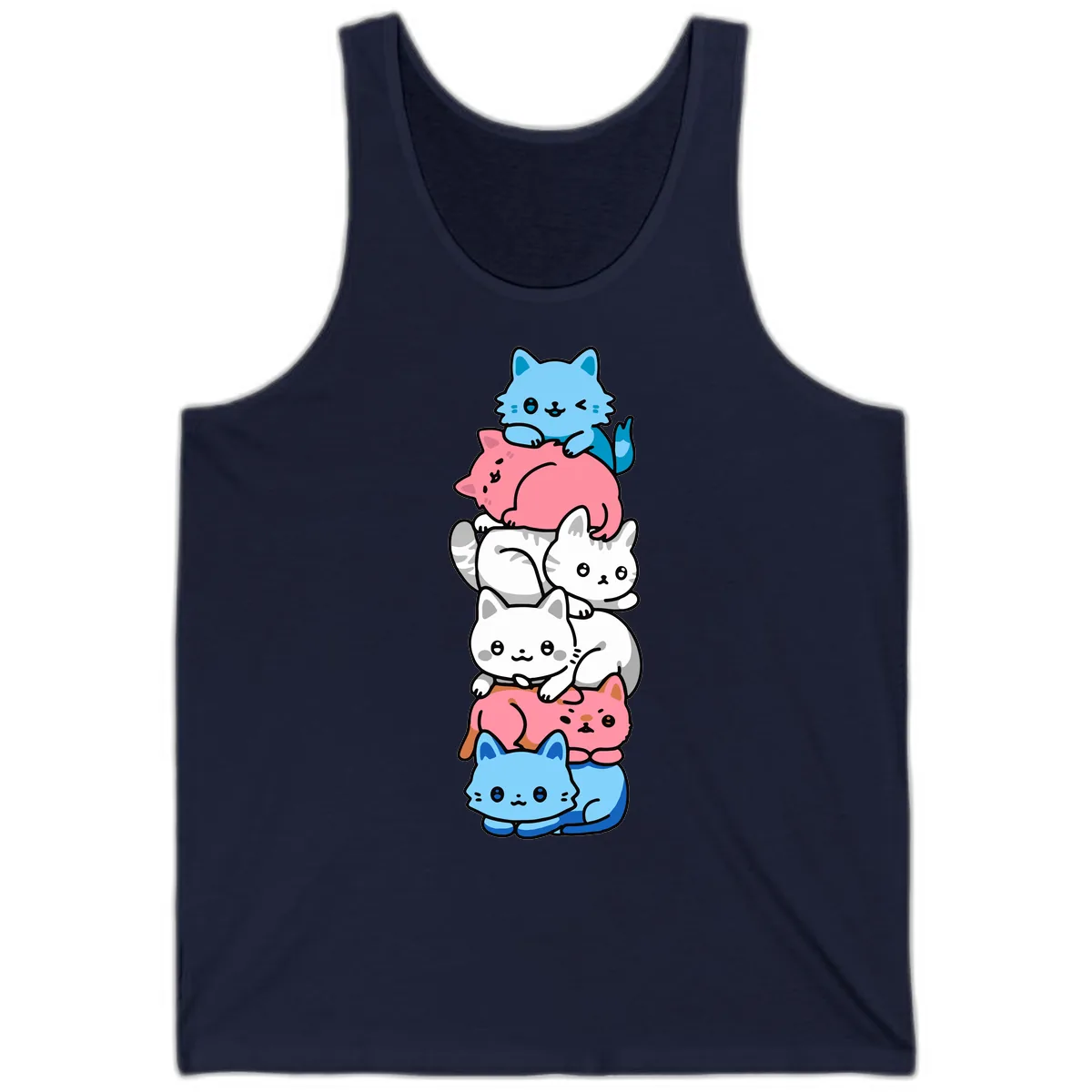 Stacked Kawaii Cats Rainbow Pride Tank in Navy