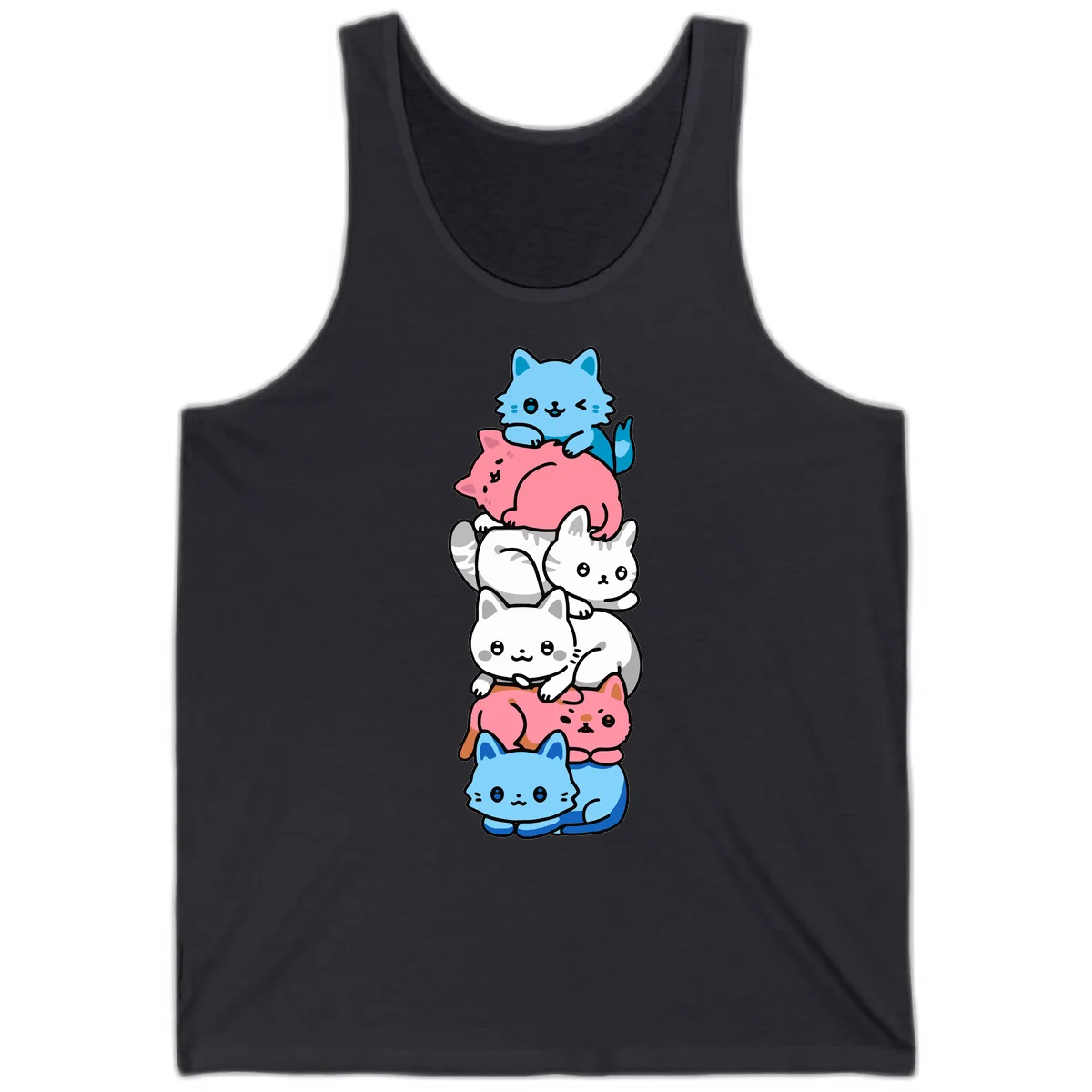 Stacked Kawaii Cats Rainbow Pride Tank in Dark Grey