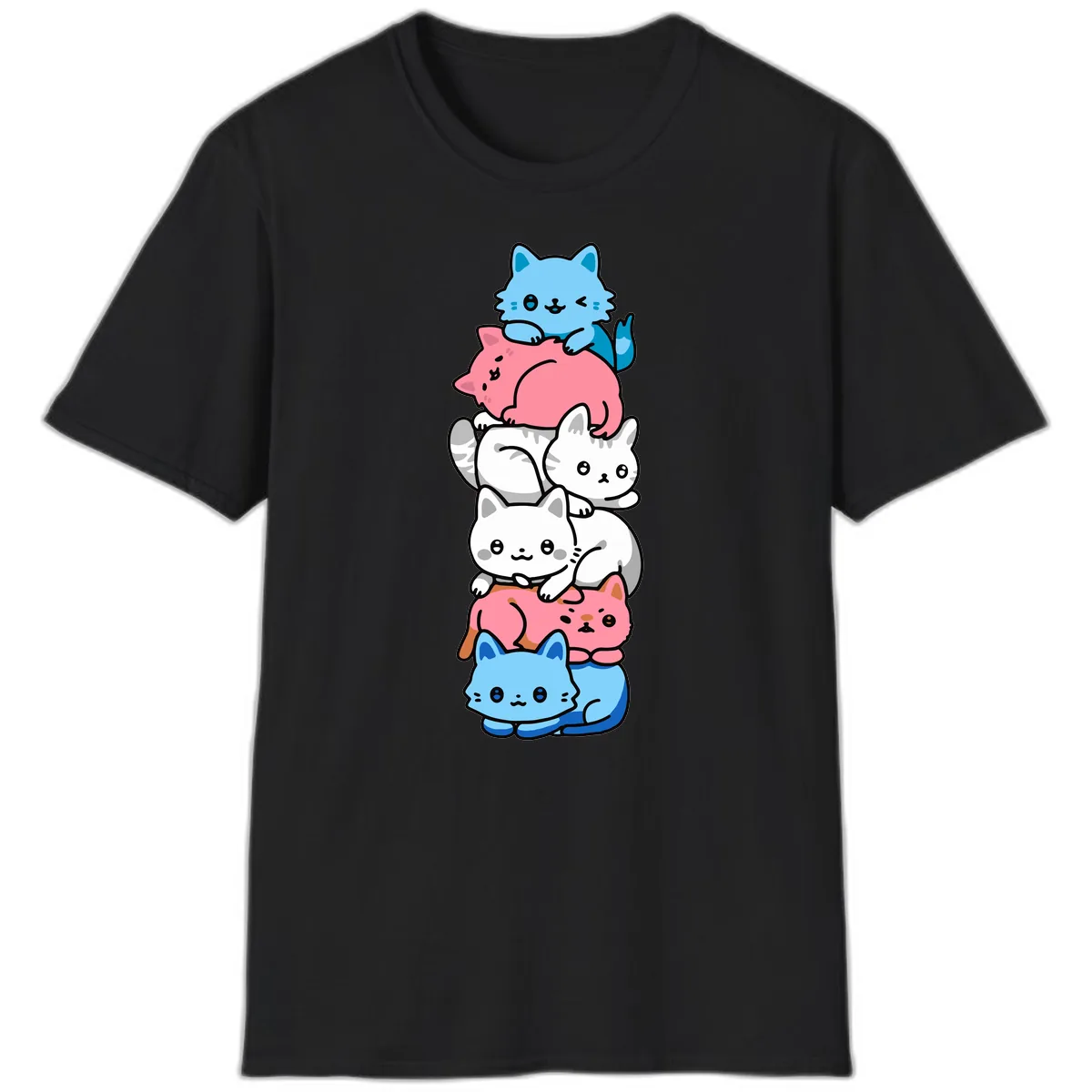 Stacked Kawaii Cats Rainbow Pride T-Shirt in Black