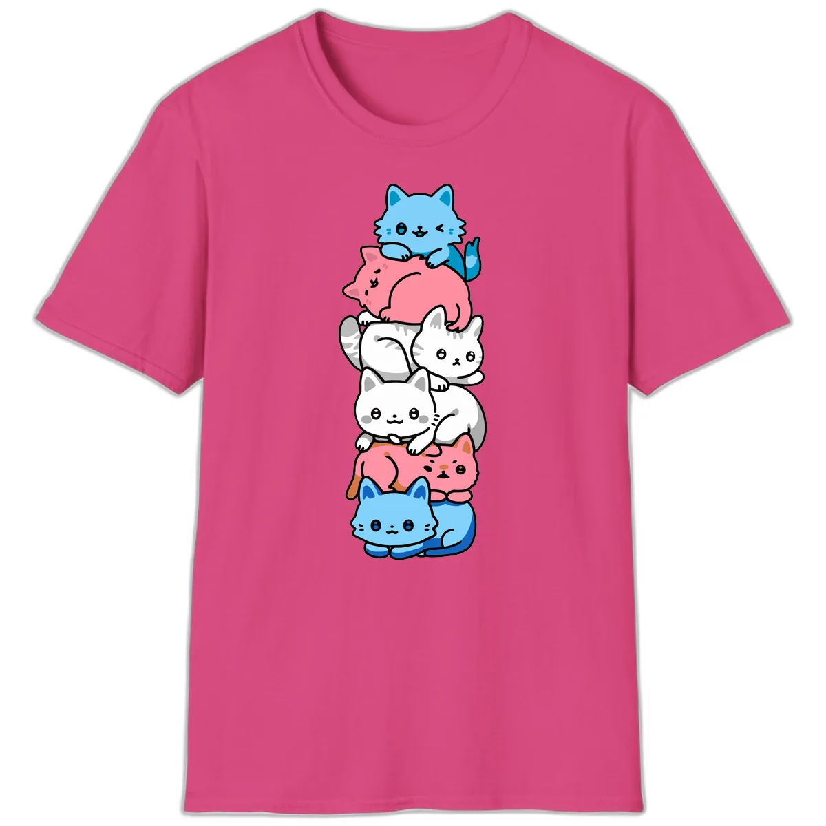 Stacked Kawaii Cats Rainbow Pride T-Shirt in Heliconia