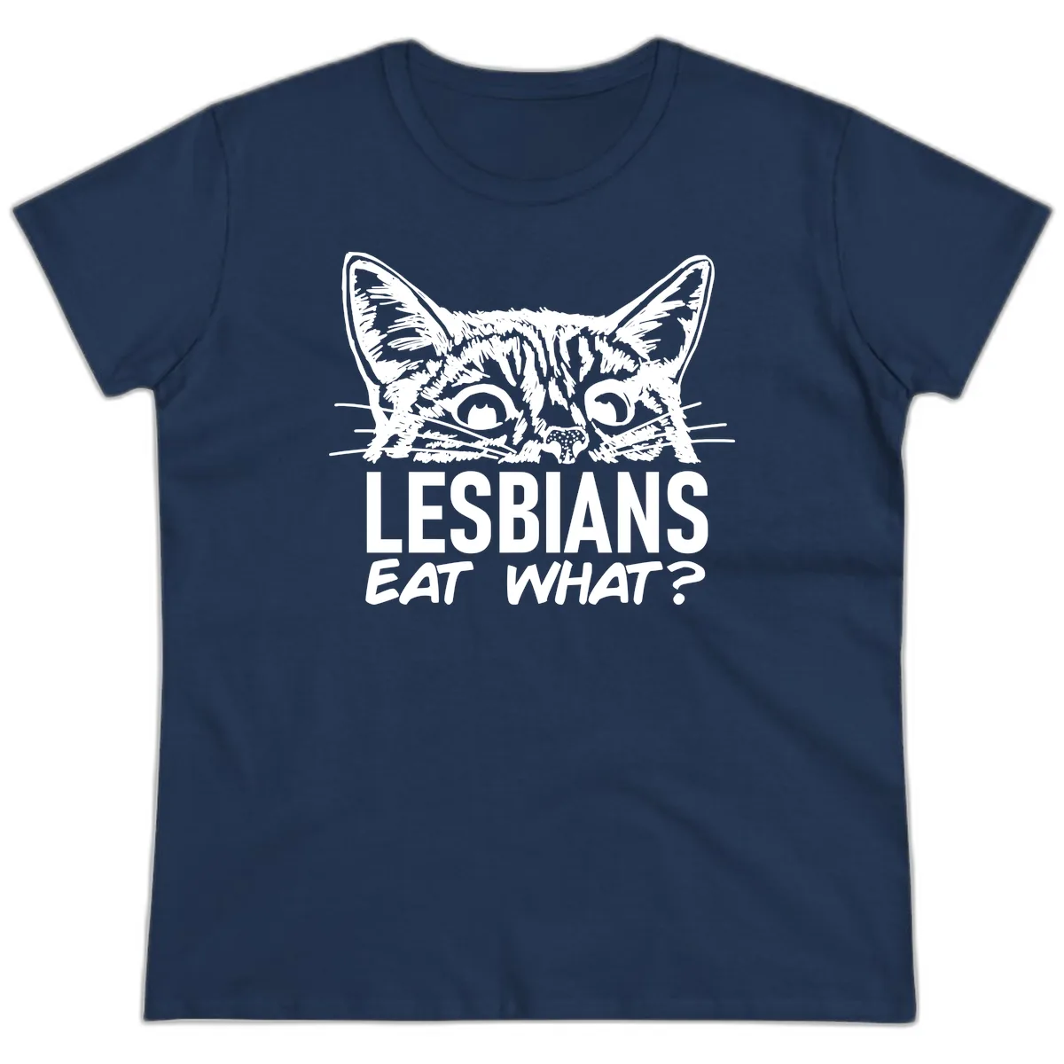 Lesbians Eat What Cat Pride Design Ladies Tee in Navy
