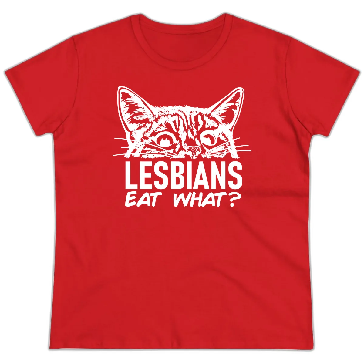 Lesbians Eat What Cat Pride Design Ladies Tee in Red