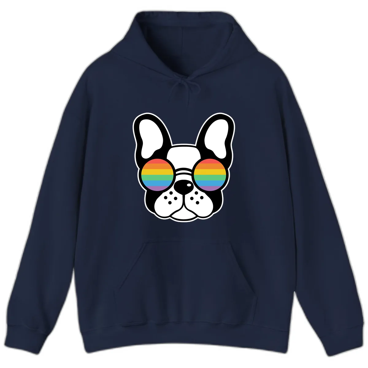 Rainbow Sunglasses French Bulldog Pride Hoodie in Navy