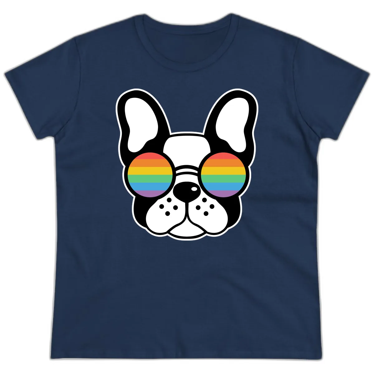 Rainbow Sunglasses French Bulldog Pride Ladies Tee in Navy