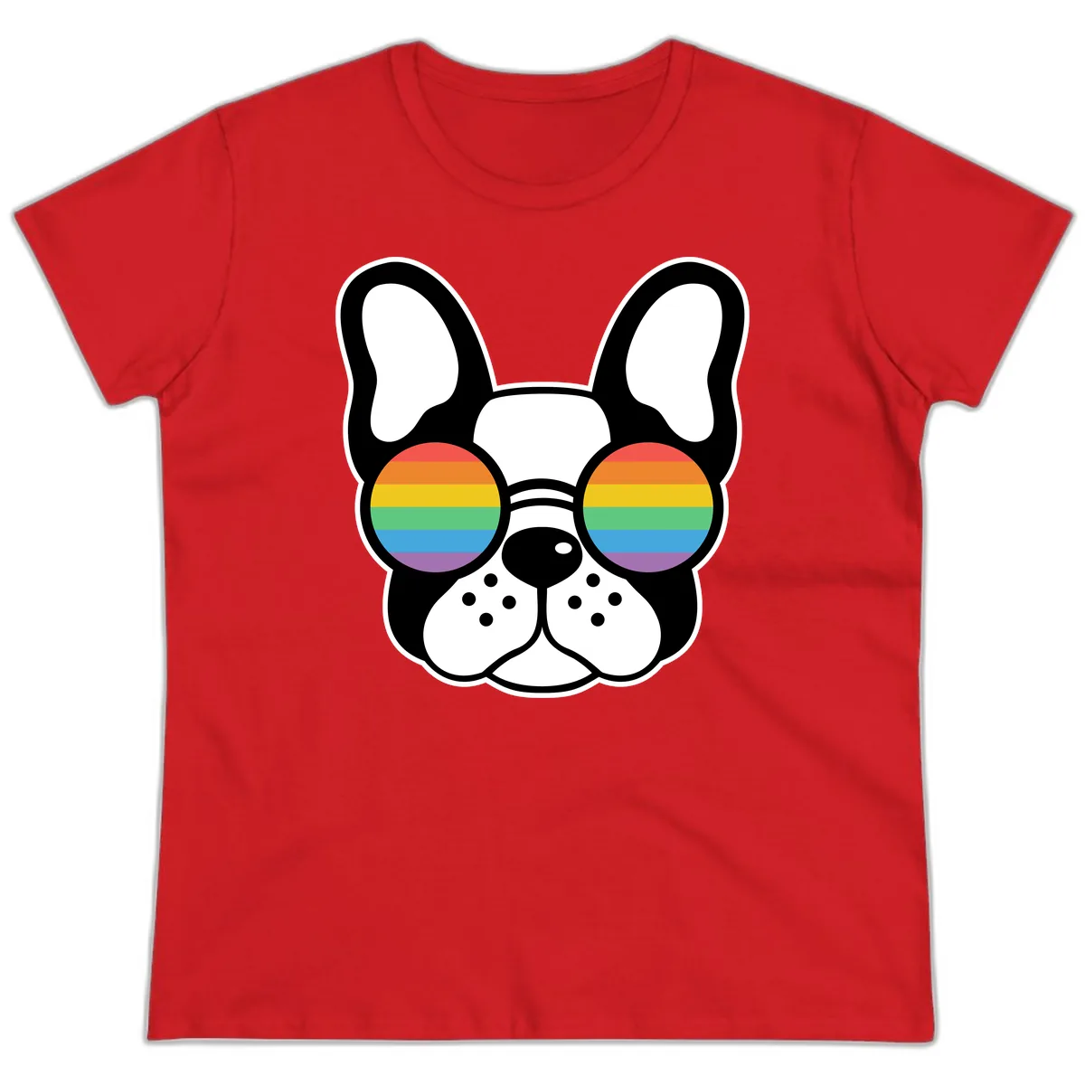 Rainbow Sunglasses French Bulldog Pride Ladies Tee in Red