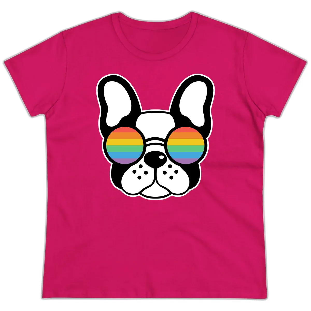 Rainbow Sunglasses French Bulldog Pride Ladies Tee in Heliconia