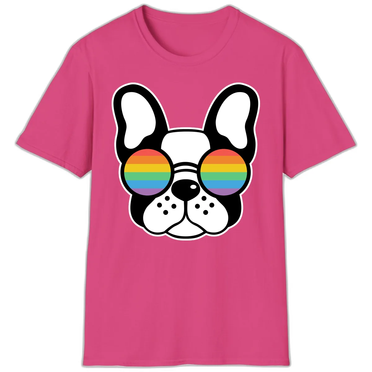 Rainbow Sunglasses French Bulldog Pride T-Shirt in Heliconia