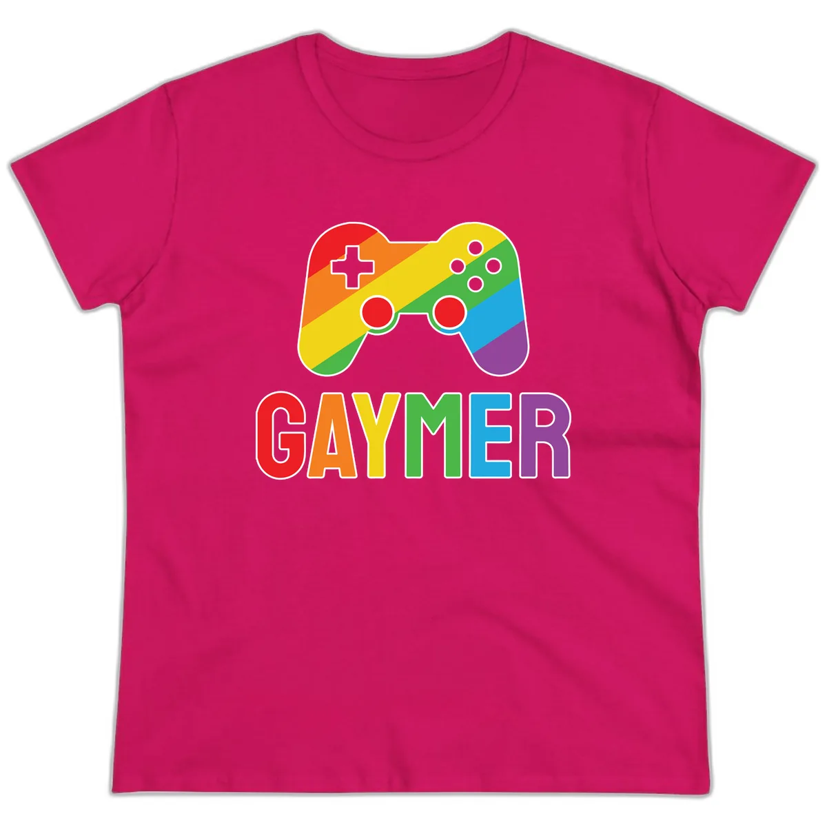 Rainbow Gamer Pride Controller Ladies Tee in Heliconia