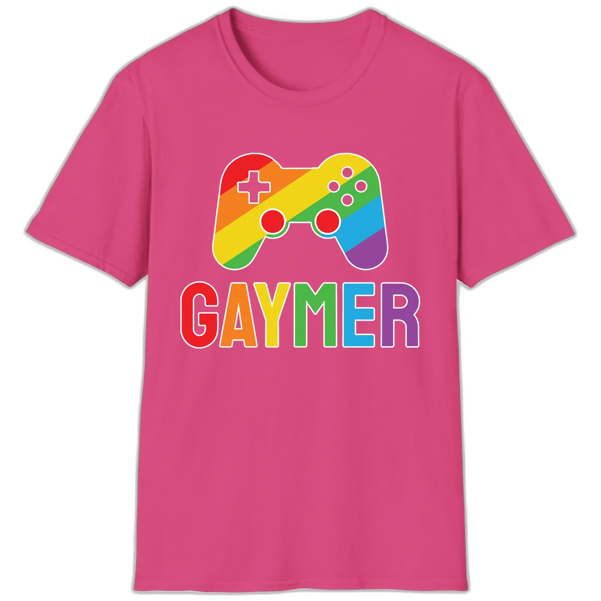 Rainbow Gamer Pride Controller T-Shirt in Heliconia