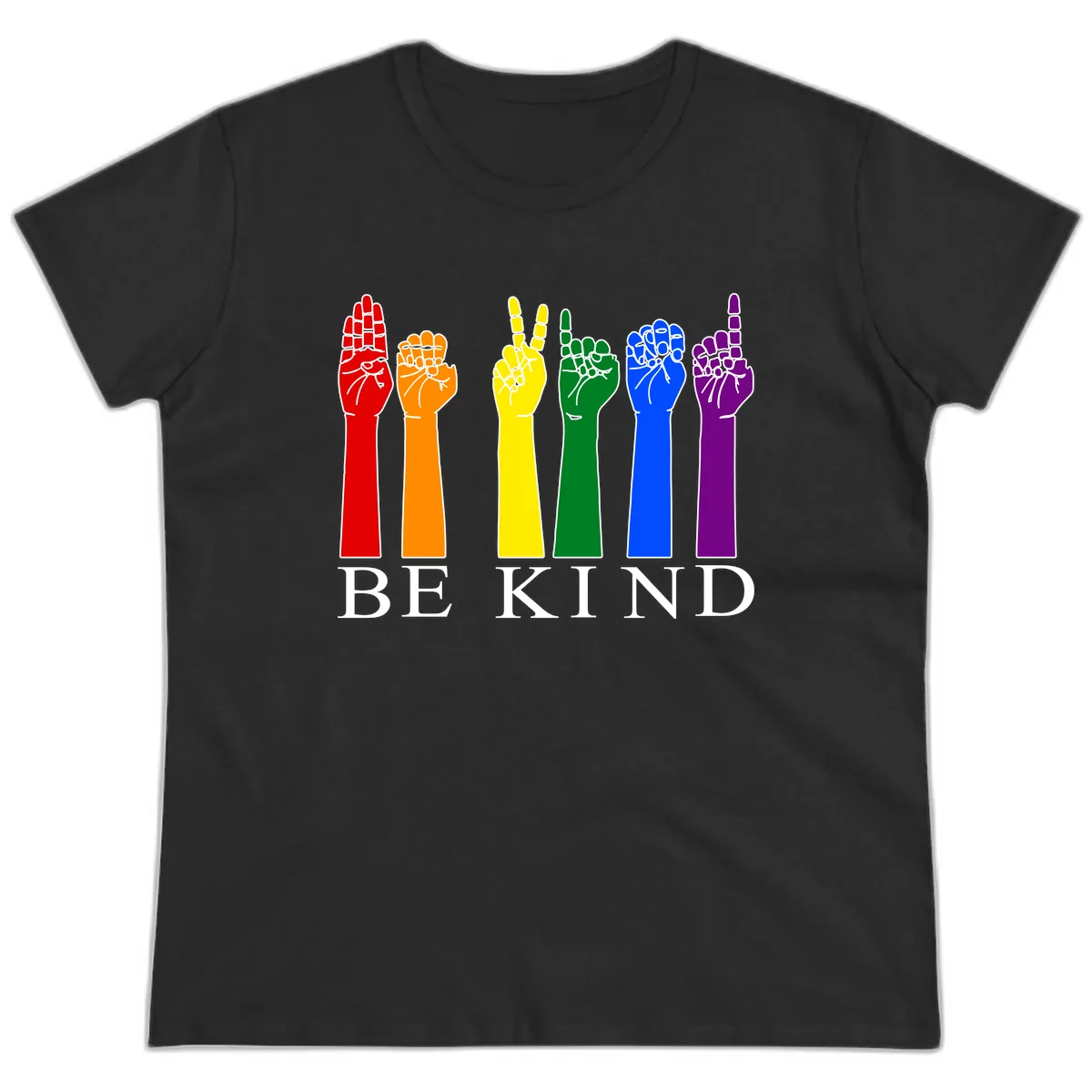 Be Kind Rainbow Hands Pride Ladies Tee in Black