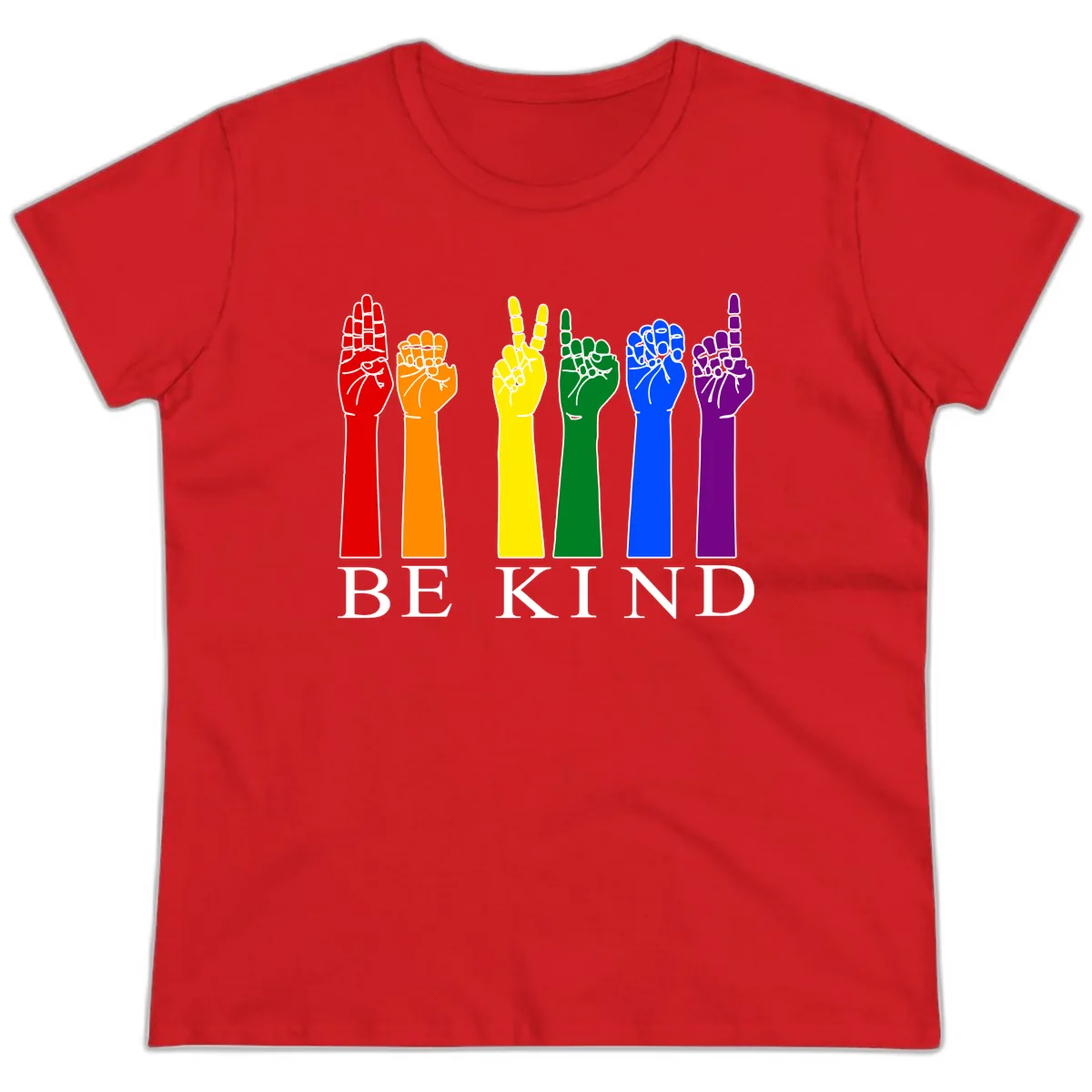 Be Kind Rainbow Hands Pride Ladies Tee in Red