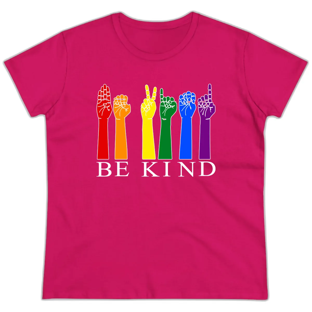 Be Kind Rainbow Hands Pride Ladies Tee in Heliconia
