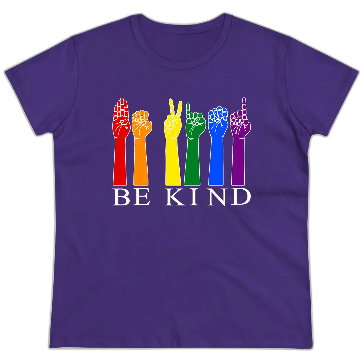 Be Kind Rainbow Hands Pride Ladies Tee in Purple