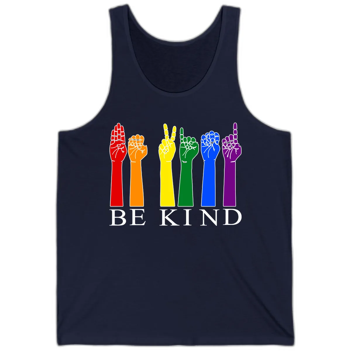 Be Kind Rainbow Hands Pride Tank in Navy