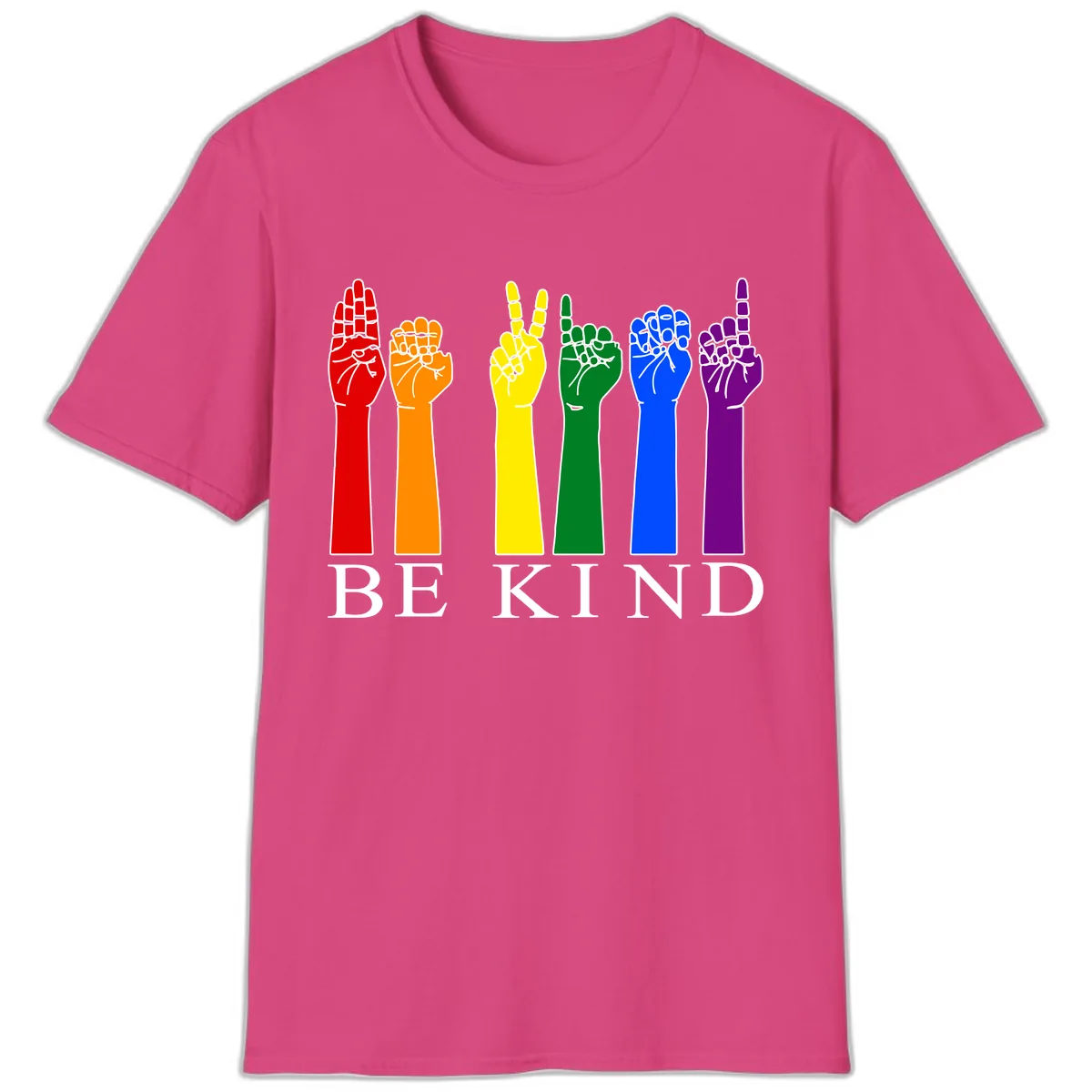 Be Kind Rainbow Hands Pride T-Shirt in Heliconia