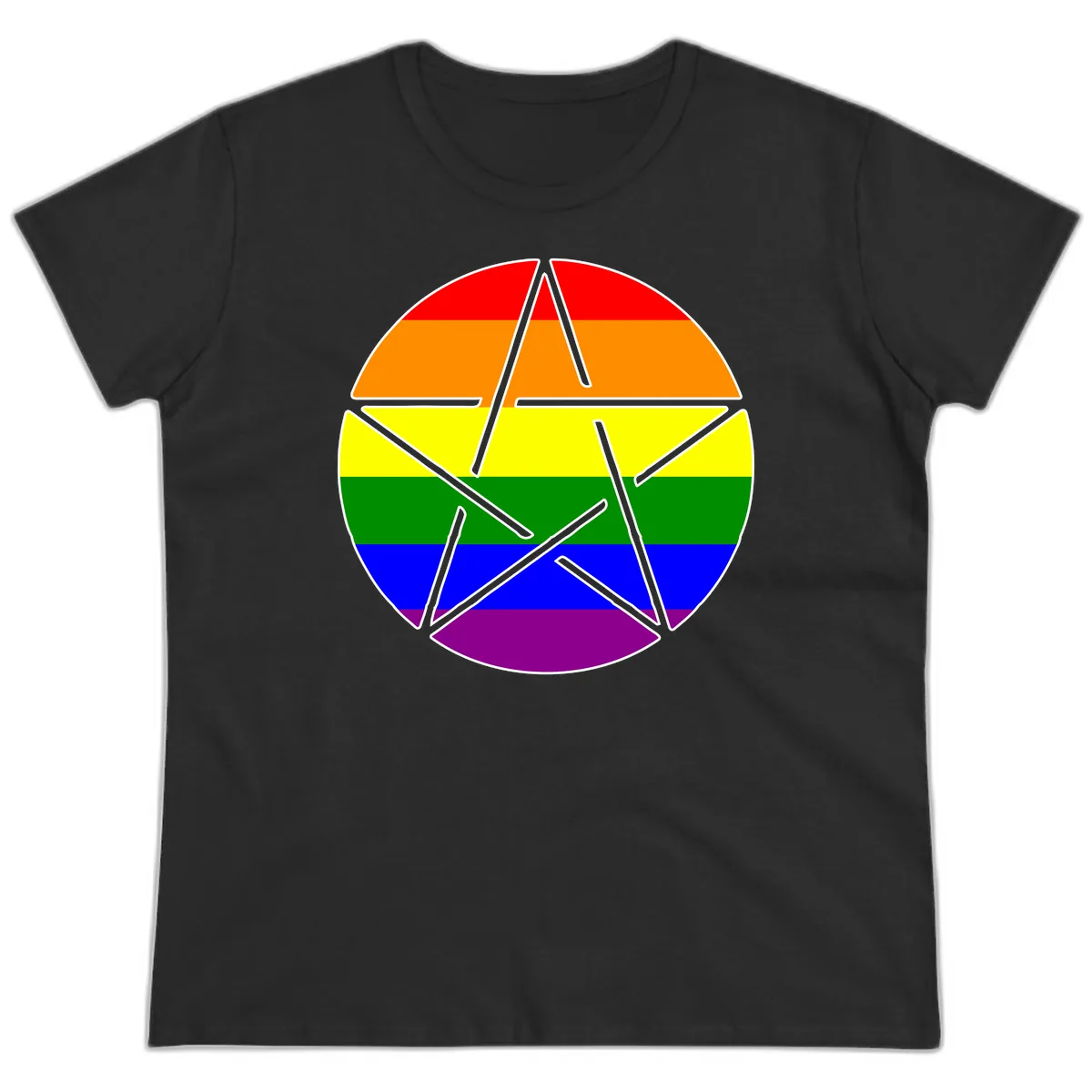 Rainbow Star Pride Flag Design Ladies Tee in Black