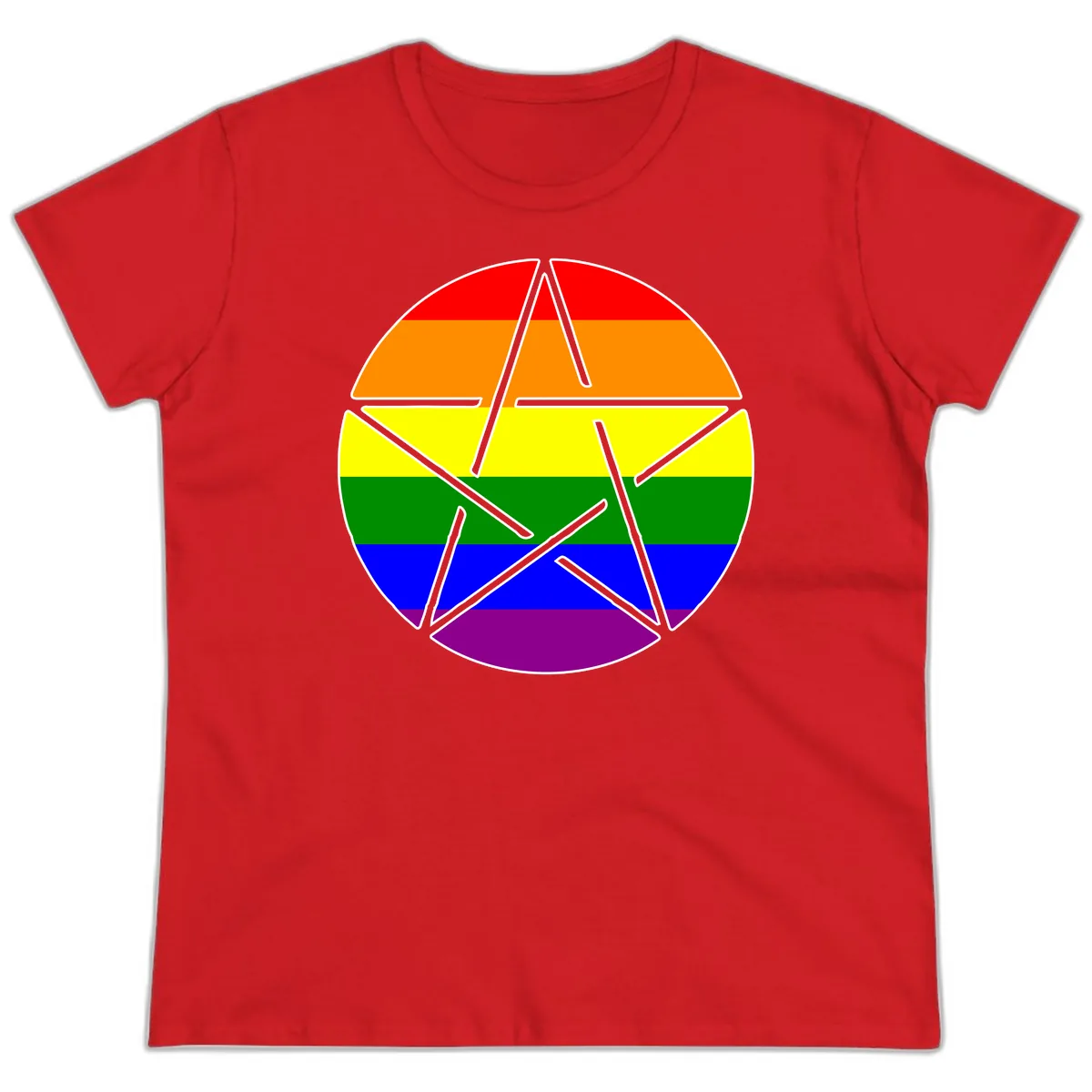 Rainbow Star Pride Flag Design Ladies Tee in Red