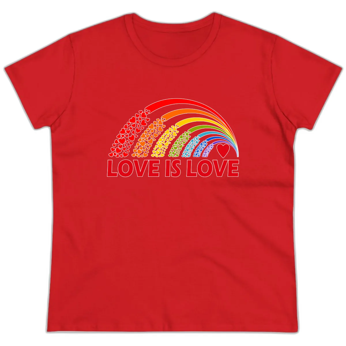 Love Is Love Rainbow Hearts Ladies Tee in Red