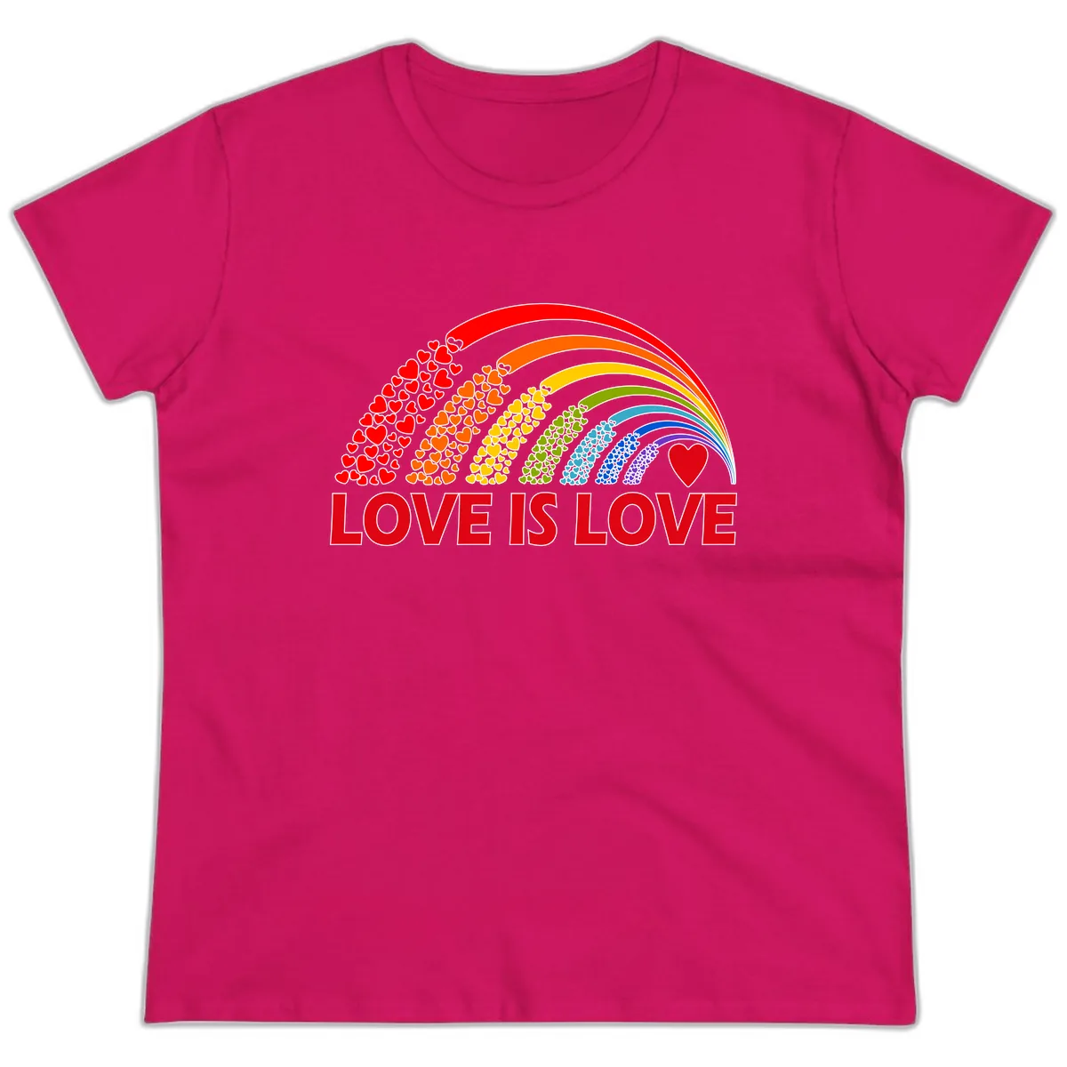 Love Is Love Rainbow Hearts Ladies Tee in Heliconia