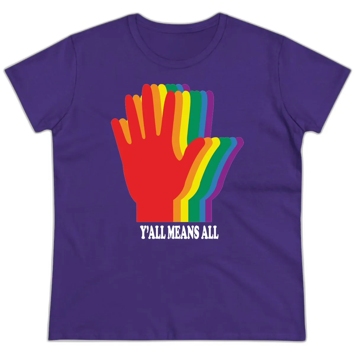 Y'all Means All Rainbow Hand Ladies Tee in Purple