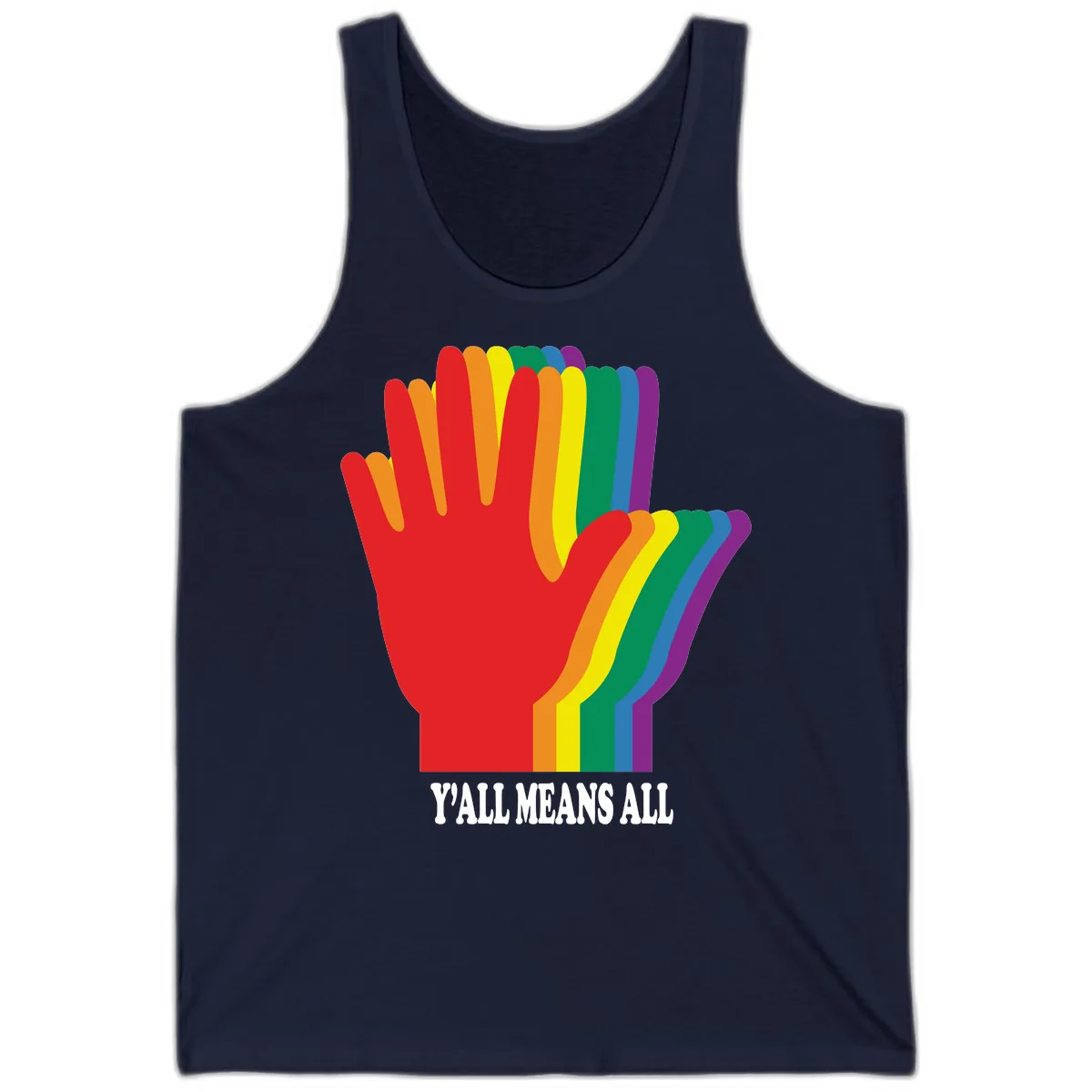 Y'all Means All Rainbow Hand Tank in Navy