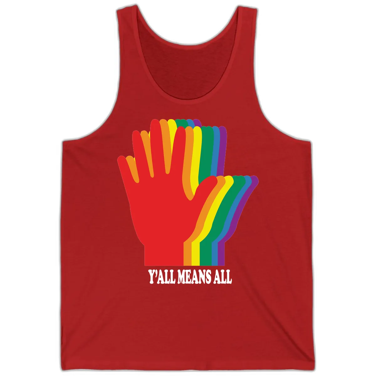Y'all Means All Rainbow Hand Tank in Red