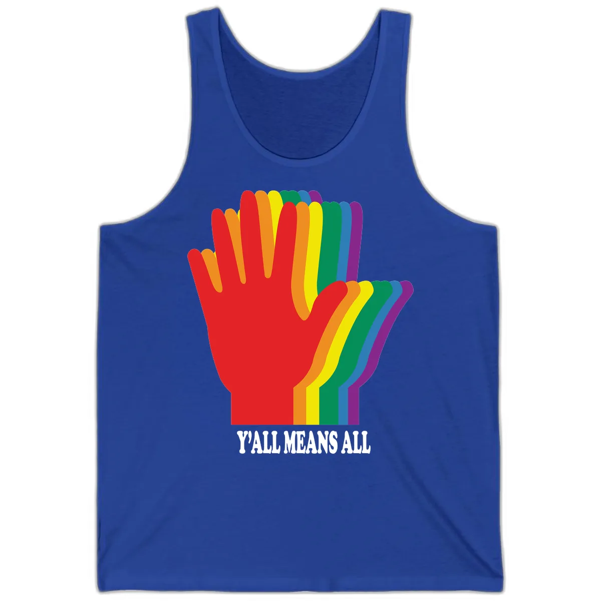 Y'all Means All Rainbow Hand Tank in True Royal