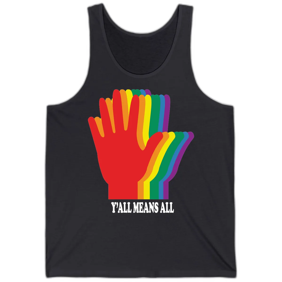 Y'all Means All Rainbow Hand Tank in Dark Grey