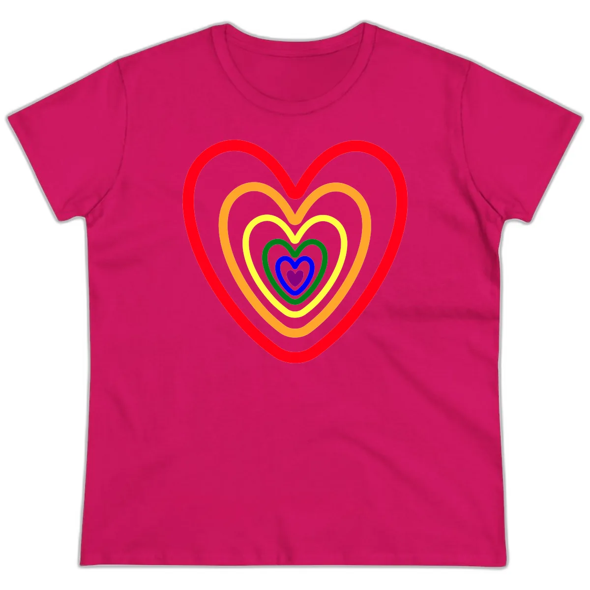 Rainbow Nested Hearts Pride Ladies Tee in Heliconia
