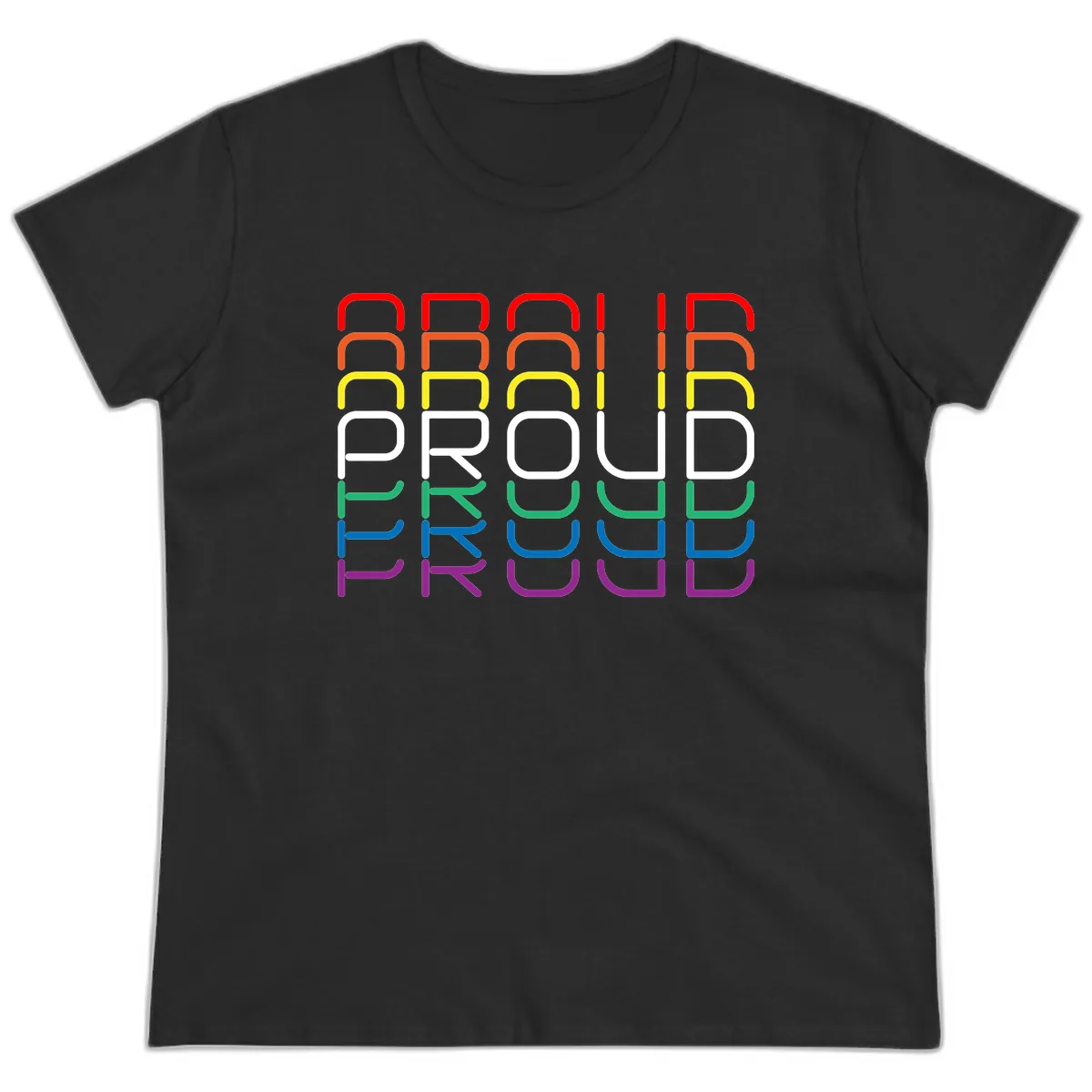 Proud Rainbow Layered Letters Ladies Tee in Black