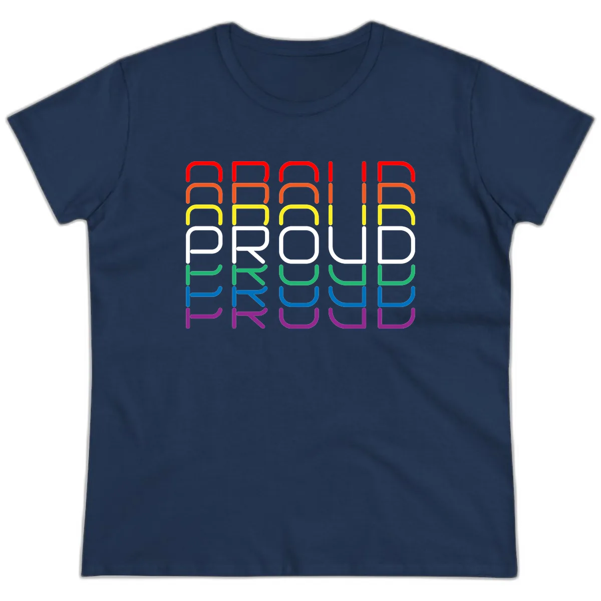 Proud Rainbow Layered Letters Ladies Tee in Navy