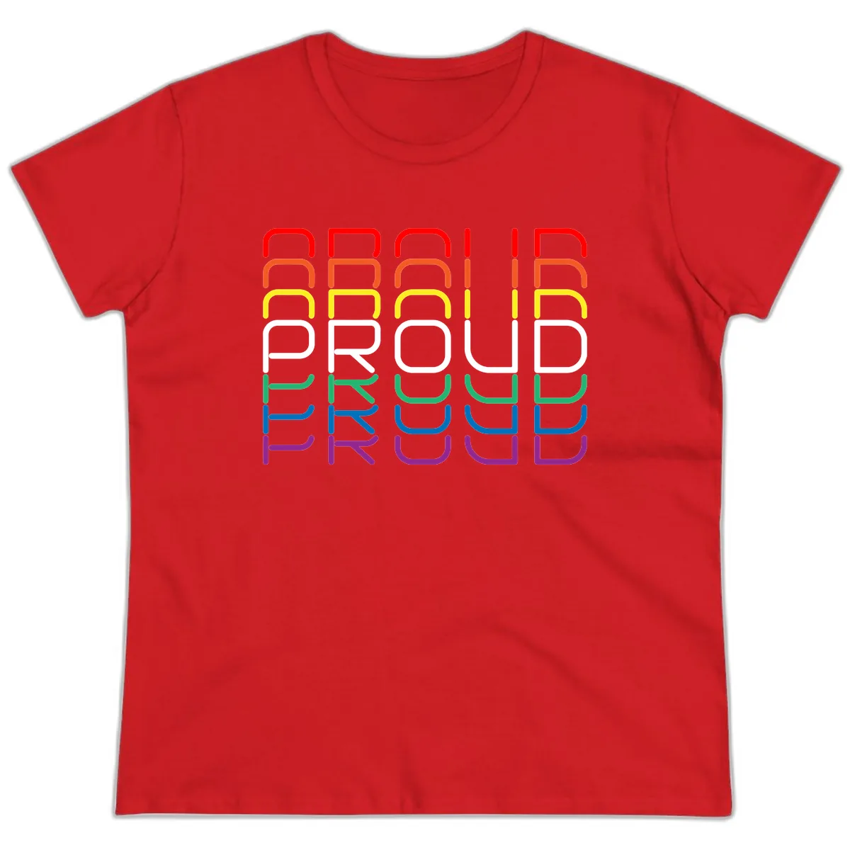 Proud Rainbow Layered Letters Ladies Tee in Red