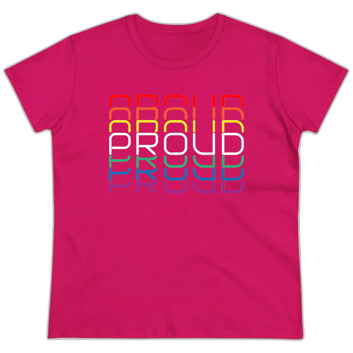 Proud Rainbow Layered Letters Ladies Tee in Heliconia