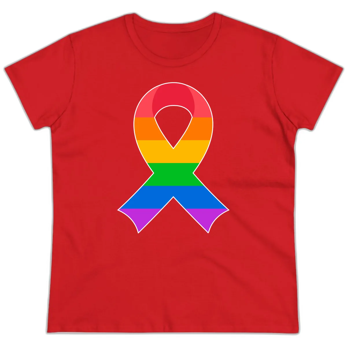 Rainbow Pride Awareness Ribbon Ladies Tee in Red