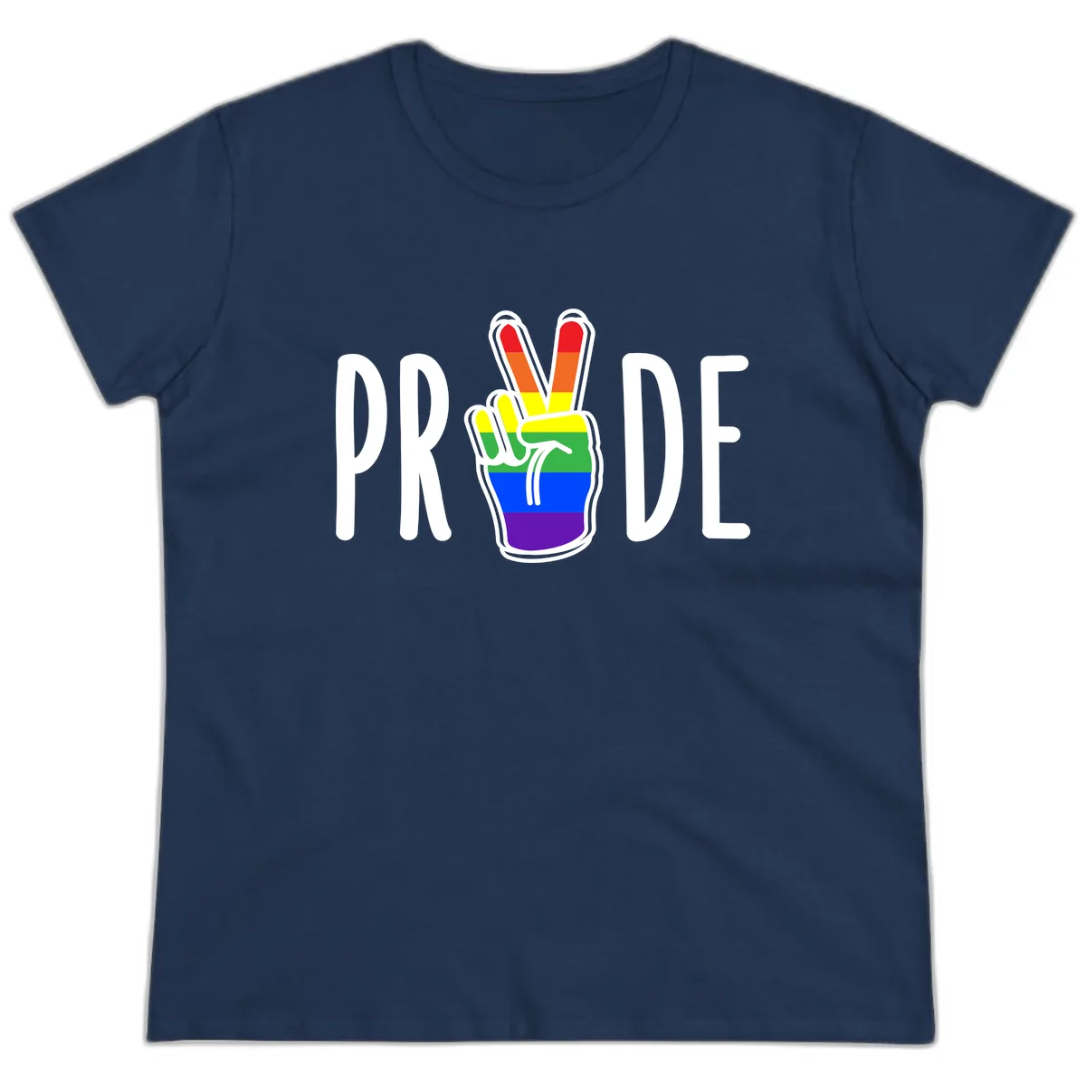 Pride Peace Hand Rainbow Ladies Tee in Navy