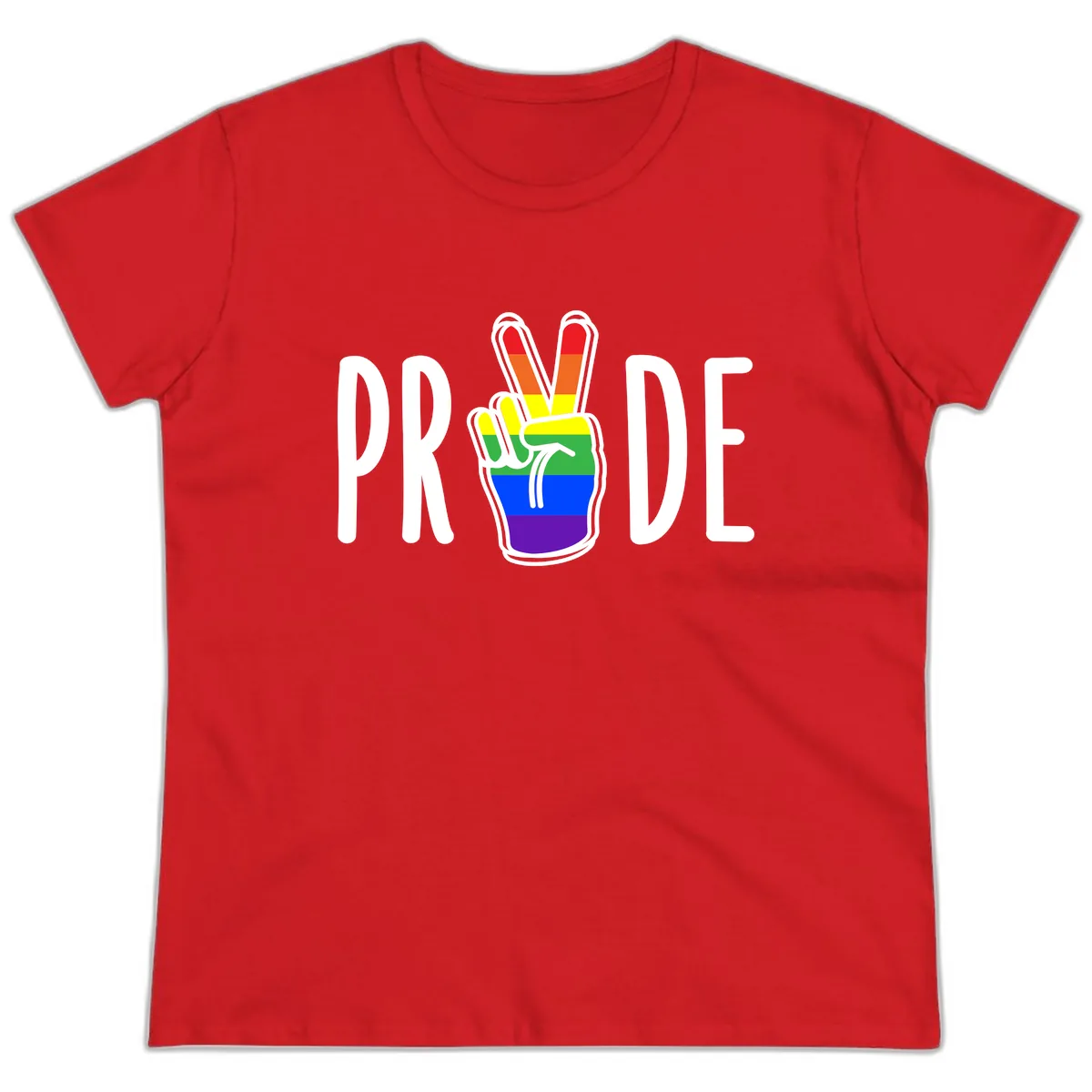 Pride Peace Hand Rainbow Ladies Tee in Red