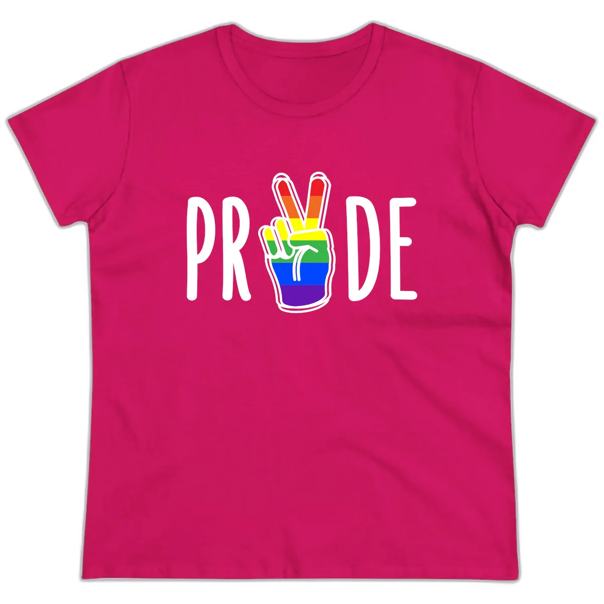Pride Peace Hand Rainbow Ladies Tee in Heliconia