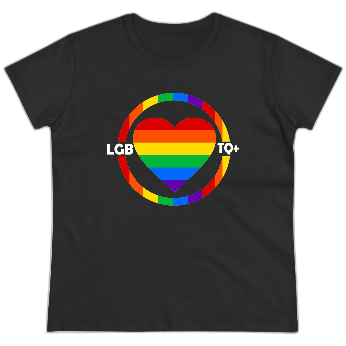 LGB To+ Pride Heart Circle Ladies Tee in Black