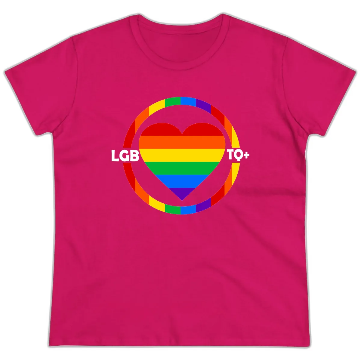 LGB To+ Pride Heart Circle Ladies Tee in Heliconia