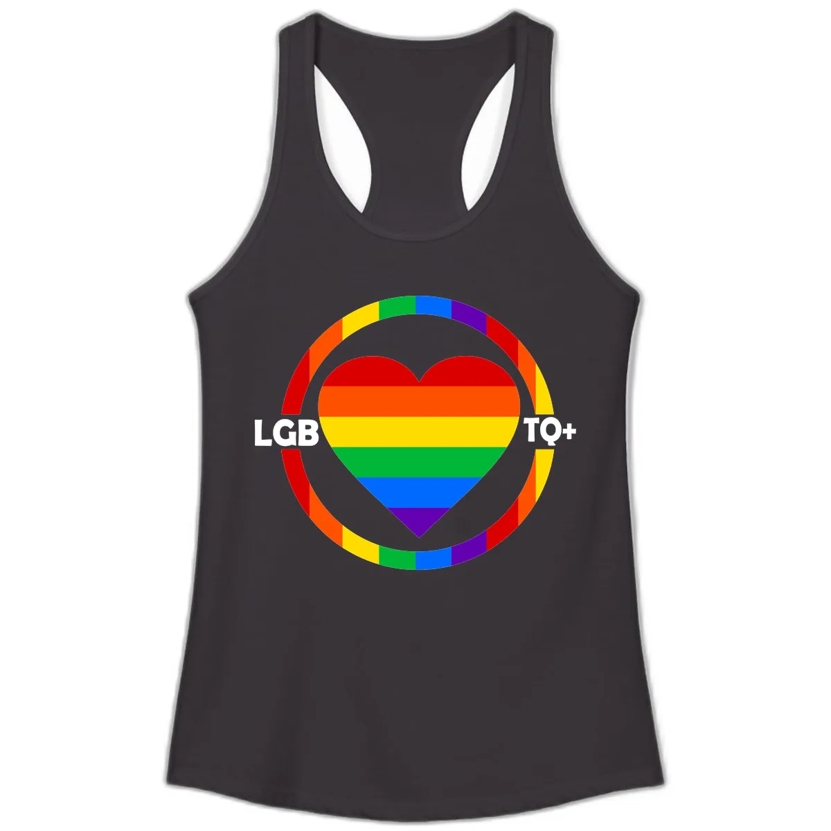 LGB To+ Pride Heart Circle Ladies Tank in Black