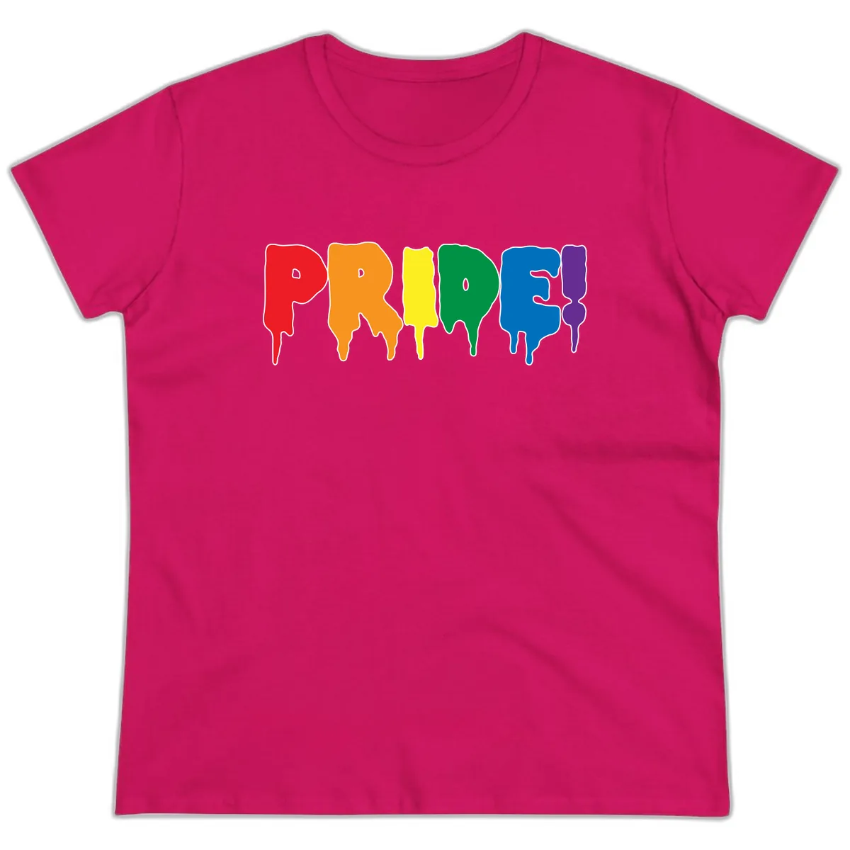 Pride Drip Rainbow Letters Ladies Tee in Heliconia