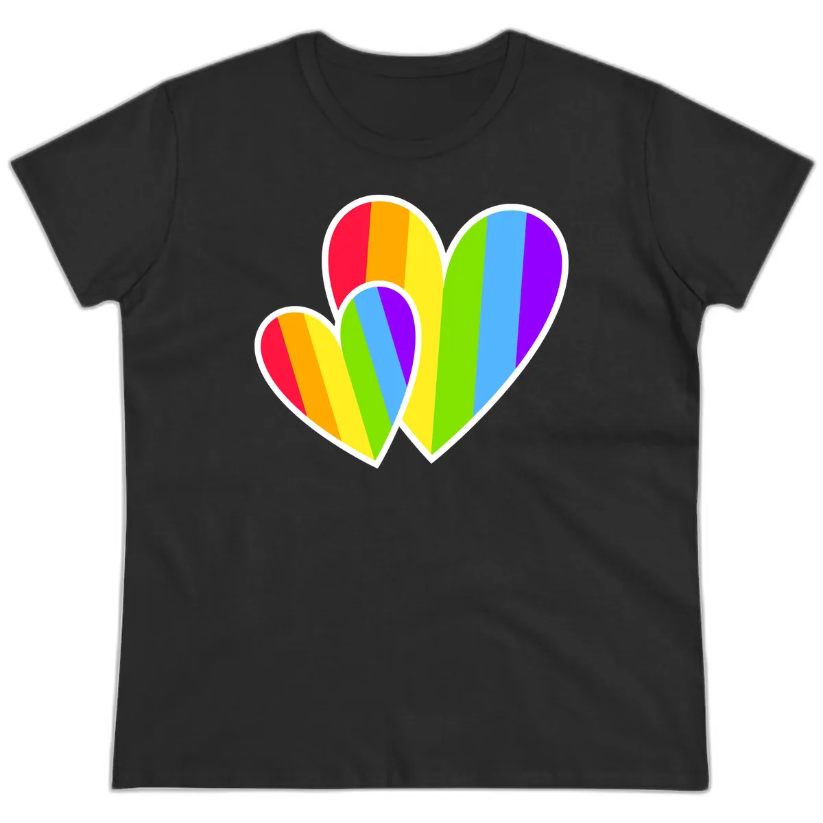Rainbow Pride Hearts Design Ladies Tee in Black